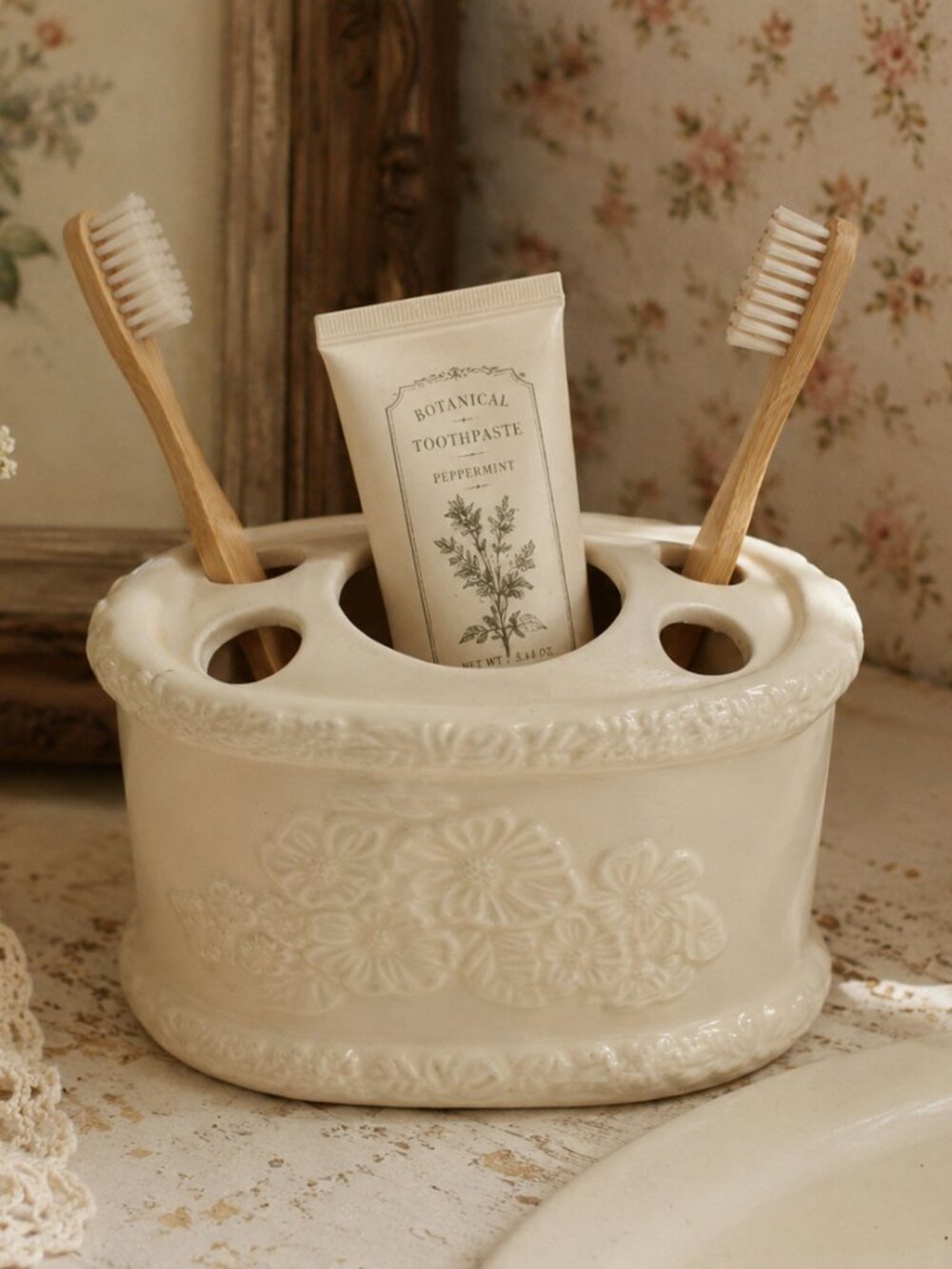Ivory Ceramic Floral Toothbrush Holder Bathroom Vanity Organizer